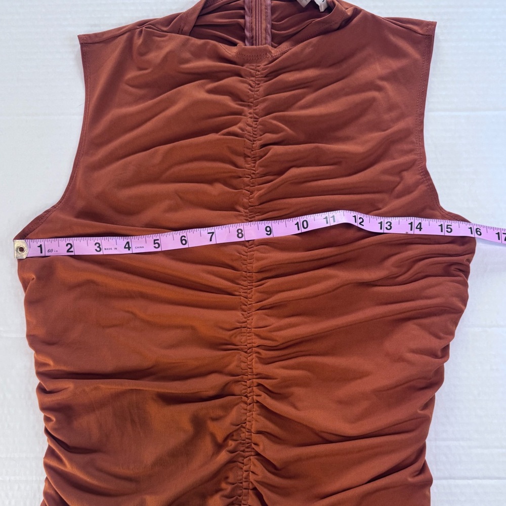 Calvin Klein Ruched Sleeveless Mock Neck Top Rust Orange Stretch Blouse Size M - Picture 9 of 14